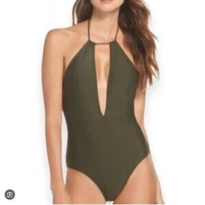 Ted Baker Halter Low Cut One Piece Swimsuit Olive
